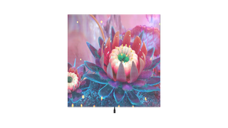 Ausdrucksvolle Bilder bei transparentem Display Der halbtransparente Display zeigt eine Fotografie einer künstlichen Seerose in den Farben lila, pink, blau und weiß. Die Blume ist halb geöffnet, der darin hervorragende Stempel wird präsentiert. Im Hintergrund sind weitere Blumen verschwommen abgebildet