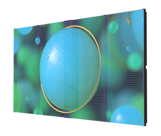Ein LED-Modul mit farbigem Bild auf weißem Hintergrund. Das Bild auf der halbtransparenten LED-Wand zeigt blau-grüne Kugeln. Der Fokus liegt auf einer großen Kugel in der Mitte die durch einen goldenen Ring fliegt. Die Kugel wirkt wie ein 3D-Effekt.