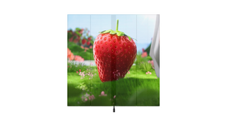 Bunte Farben trotz Transparenz Ein halbtransparenter LED-Display zeigt eine Grafik einer Erdbeere die aufrecht auf einer grünen Wiese liegt. Auf der saftig grünen Wiese sind weitere Blumen sichtbar. Im Hintergrund befindet sich ein Erdbeerstrauch der noch weitere Früchte trägt.